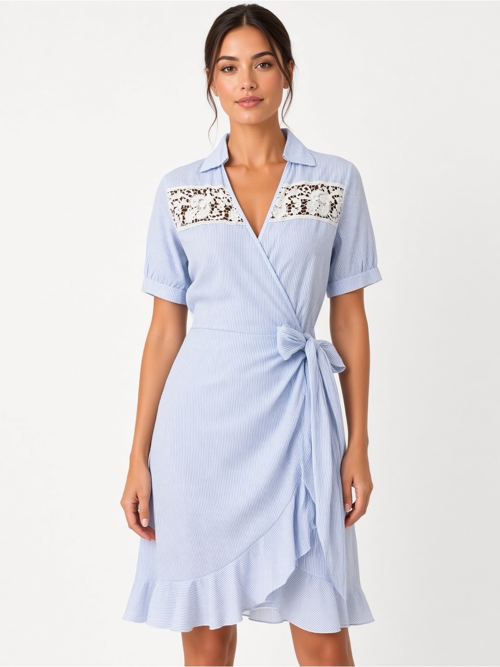 Vanessa Scott Blue Striped Lace Trim Wrap Dress – Size S